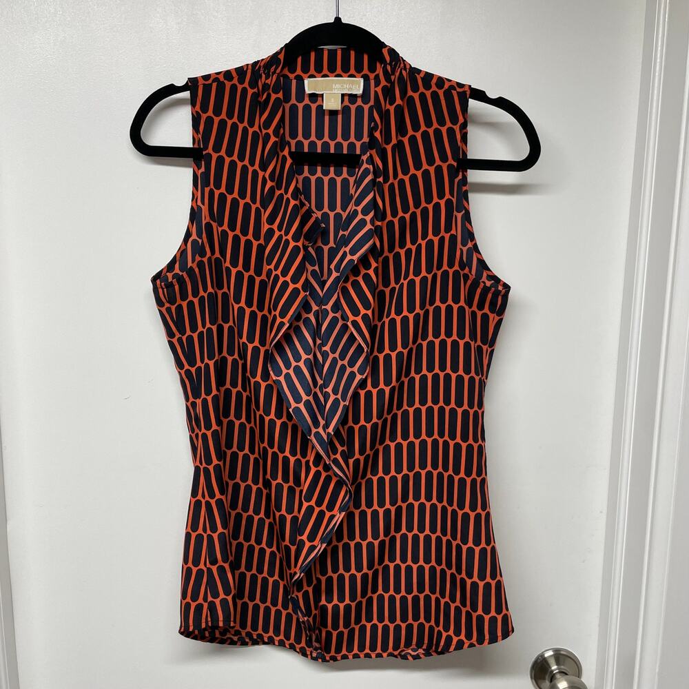 Michael Kors Womens Orange Black Ruffled Sleeveless Blouse Size Small Top
